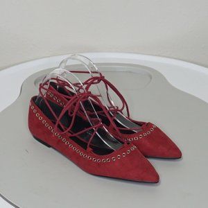 Asos Ballet Flats Cranberry Red Ankle Lace Up Detail Pointed Toe Rivet Accent 7